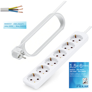 Regleta de 6 Enchufes con Interruptor 16A/250V 3680W 1.5/3/5m de Longitud Color Blanco Don Feliz Fabricada en China - Product Image 1