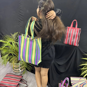 Eco-Friendly Reusable Nylon Market Bag RPET Zipper Striped Handloom Woven Recycled <b>Plastic</b> Beach Bags Cosmetic Bags Cases Made - Product Image 4