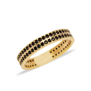 Anillo de Boda para Mujer, Diseño de Doble Hilera con Piedras de Circonita Cúbica Negra, Chapado en Rodio, Plata de Ley 925, Joyería Turca - Product Image 3