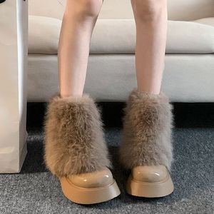 Botas de nieve para mujer, cálidas, de felpa, de PU, con plataforma, tacón grueso, botines. - Product Image 4