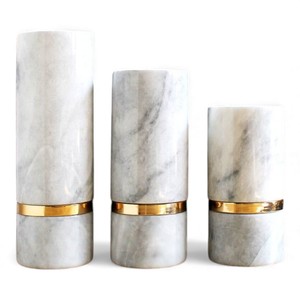 Luxury <b>White</b> Marble Cylindrical <b>Candle</b> Holder Set With Gold Band Accent For Modern Table Decor And Elegant Home Styling - Product Image 1