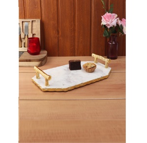 Plateau en marbre standard en laiton AK de couleur blanche avec poignée en métal au design feuille d'or pour ustensiles de cuisine/vaisselle - Product Image 2