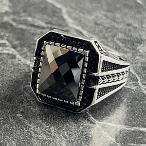 925K Sterling Silver Fine <b>Ring</b> Square Black <b>Garnet</b> Gemstone Embroidered Knitted Pattern Minimalist Style Handmade Gift - Product Image 3