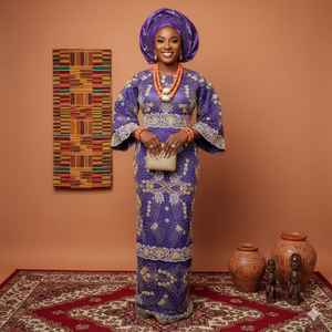 Robe de mariée nigériane de luxe écologique antistatique 100 % polyester pour filles, bleue, ornée de pierres brodées à la main, style régale et esthétique - Product Image 4