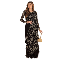Ağır sahte Georgette kadın tasarımcı Saree takım siyah şık Pleats taklidi nakış el yapımı pakistan Salwar Kameez