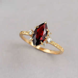 Anillo de compromiso y boda de lujo con granate rojo marquesa y diamantes, piedra lateral de circonita cúbica, engaste de plata 925 con puntas, banda de filigrana moderna - Product Image 1