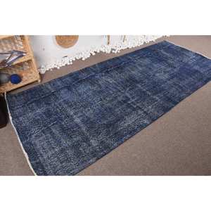 Tapis en laine bleu moderne en peluche fait à la main 4.1X9.8 pieds Patchwork rectangulaire motif abstrait pour le salon ou la chambre à coucher pour les adolescents - Product Image 2