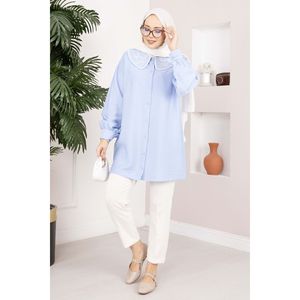 เสื้อคลุมฮิญาบปักลายสไตล์เรียบร้อย สีฟ้าอ่อน - Product Image 3