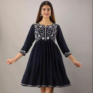 100% Cotton Floral Embroidery Mexican <b>Tunic</b> Blouse Summer Wear Eco-Friendly Woven Natural 3/4 Sleeve Knee Length <b>Embroidered</b> - Product Image 1