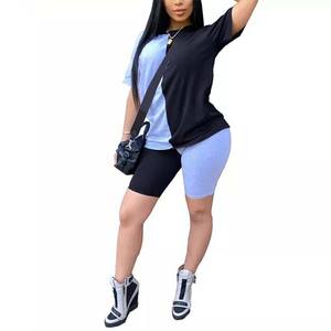 Conjunto corto de verano sin costuras con cuello redondo y bloque de Color sólido completo entrenamiento mujer Fitness algodón poliéster deportes de talla grande transpirable - Product Image 5
