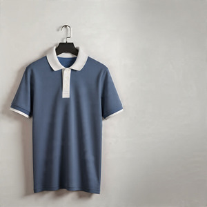 เสื้อเชิ้ตแขนสั้นสีน้ำเงินล้วนสำหรับผู้ชาย คอปกและปลายแขนสีขาว ผ้าคอตตอนปิเก้ถักแบบลำลอง ODM กันยับ ทรงปกติ - Product Image 6