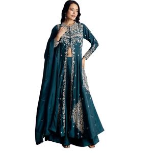 Vente de gros Costume Palazzo en soie bleu sarcelle avec motifs Vêtements ethniques pour femmes Vêtements OEM Fournisseur d'usine Tenue de fête - Product Image 1
