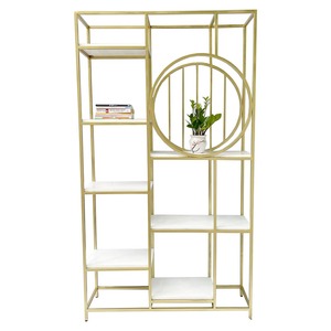 KTB68097 Geometric Shape Modern Pattern Decorative Shelf with Iron Frame and Wooden Top for Living Room <b>Storage</b> - Product Image 1
