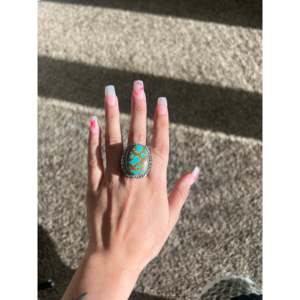 Turquoise & Sterling Silver <b>Ring</b> Size 9-Handmade <b>Boho</b> Jewelry Rhodium Plated Pear Cut Stone - Product Image 2