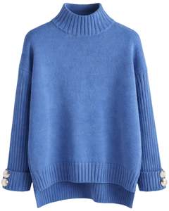 Conjunto de Suéter de Punto Azul Personalizado y Pantalones Anchos para Mujer, Jersey de Cuello Alto, Ropa de Salón Acogedora para Invierno, Fabricante Personalizado OEM - Product Image 1