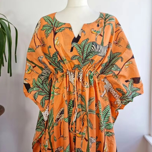 Pur coton longueur au sol caftan Boho Long indien Blockprint été Floral plage couverture confortable maternité printemps Jungle Safari - Product Image 1