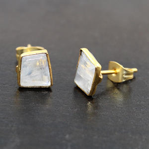 Classic Natural White Rainbow Moonstone Fancy Shape 7MM 24k Gold Plated Bezel <b>Stud</b> <b>Earrings</b> For <b>Girls</b> Women Wholesale Jewelry - Product Image 2