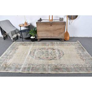 Tapis Turc Vintage Beige Vert 4.7 X 8.1ft Laine Faite à la Main Grande Surface Patchwork Design Couloir Rectangulaire Latex pour Décoration de Chambre - Product Image 1