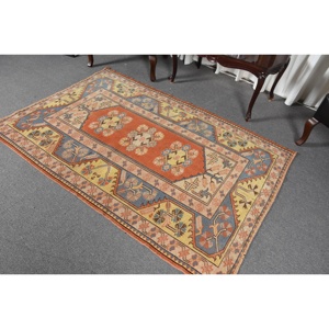 4.2x6.4 ft Area Vintage Turkish Rug, <b>Red</b> Floral <b>Wool</b> Rug - Product Image 5