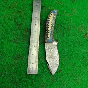 Cuchillo de hoja fija de acero damasco DIY personalizable, cuchillo de caza para acampar con mango de madera Pakka, alfileres de latón, cubierta de cuero - Product Image 5