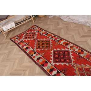 2.9x11 ft Turkish Rug, Vintage <b>Runner</b> Rug, <b>Red</b> Brown Plants & trees Rug - Product Image 4