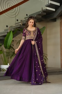 Purple Color Beautiful Designer Women Gown with Heavy Dupatta Long Indian Function Pakistani Silk Kurti for Adults - Product Image 3