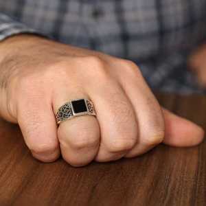 925 Sterling <b>Silver</b> Men's <b>Ring</b> with Black Square Onyx Stone Bezel Setting Geometric Pattern <b>Emerald</b> Cut for Everyday Wear - Product Image 1