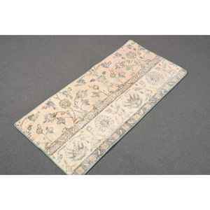 Alfombra de 1.6x3.2 pies, Alfombra Turca Vintage, Alfombra de Lana con Parches Beige y Azul - Product Image 3