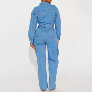 Mono Vaquero de algodón 100% personalizado de alta calidad para mujer, pantalones vaqueros Cargo multibolsillos de manga larga de talla grande transpirables - Product Image 3