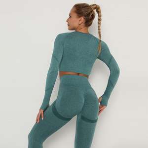 Conjunto de Yoga sin costuras para mujer, 2 uds., al por mayor, de alto rendimiento, acanalado, logotipo personalizado, ropa de entrenamiento, cierre de cordón, cuadros de moda - Product Image 4