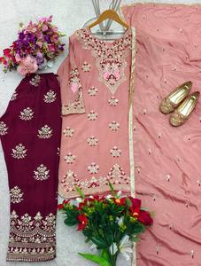ชุดสีพีช salwar และ dupatta ที่นิยมมากที่สุดพร้อมงานปักและผ้า chinnon สำหรับงานปาร์ตี้และโอกาส - Product Image 5