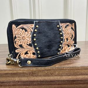 Usine dames Floral outillage longues pochettes RFID usinées à la main en cuir de vachette véritable portefeuilles avec bracelet à la mode pour les femmes - Product Image 1