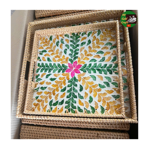 Plateau de service en mosaïque de rotin naturel écologique, mélange de nacre, plateau en rotin fait à la main, mélange de nacre incrustée de laque au Vietnam - Product Image 3