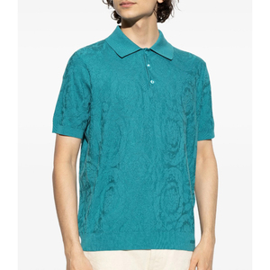 Camisa Formal para Hombre, Color Azul Turquesa Verde, Sólida, de Alta Calidad, 100% Algodón, Tejida, con Logotipo Bordado, Mangas Cortas, Frente Acanalado - Product Image 5