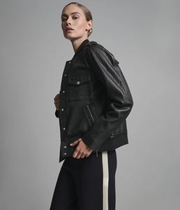 Black Raw <b>Jacket</b> Women Style Cargo Pockets Ribbed Knit Collar Casual Utility Coat Genuine <b>Lambskin</b> Eco-Friendly - Product Image 4