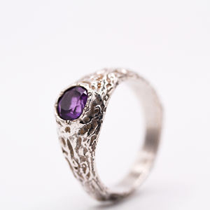 Anillo de Rama de Amatista Tallada en Cera, Plata de Ley 925 Hecha a Mano, Minimalista, Orgánico, Unisex, Anillo de Bodas, Plata Turca, Hecho en Turquía - Product Image 1