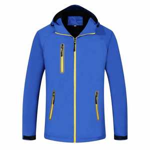 Veste imperméable à capuche fine en softshell bleu foncé unisexe, taille XL, accents de fermeture éclair jaunes, plusieurs poches, capuche réglable, moderne - Product Image 2
