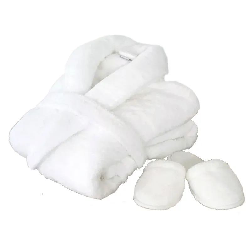 100% Baumwolle Hotel White Terry Stoff Atmungsaktiver Bademantel Luxus Schal Kragen Dick Terry Handtuch Spa Bademantel und Slipper Set