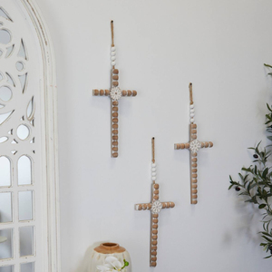 Modern Designed <b>Light</b> Brown Wood Carved Beaded Crosses Biblical Wall Decor with <b>Rope</b> Hanger Set of 3 Bulk Supplies - Product Image 6