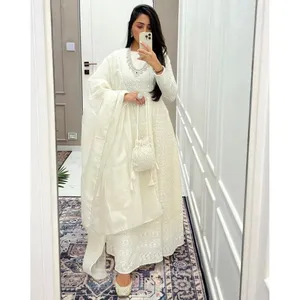 Conjunto de Traje Chikankari Blanco Bordado para Mujer con Bolso Potli, Tallas XS-5XL - Product Image 1