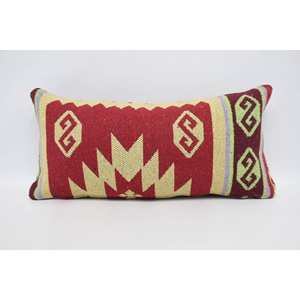 Red Wool <b>Pillow</b> 12x24 Inches Boho Style with Oriental Vintage Floral Pattern Washable Geometric Design for Home Use - Product Image 1