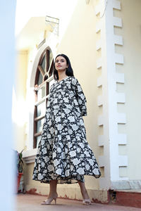 100% Cotton Monochrome Floral Midi <b>Dress</b> Black White Hand-Block Printed Tiered Boho Style Comfort <b>Fit</b> Eco-Friendly Causal <b>Dress</b> - Product Image 6