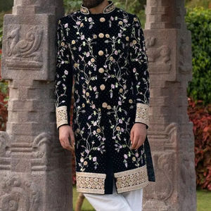 2024 TENDANCE-BRODERIE DORÉE ROOM SHERWANI ZIPPER FLY PANTALON NOIR BASE BLANCHE PERLES DE VERRE EN CRISTAL DABKA TRAVAIL ADULTES PLUS TAILLES - Product Image 1