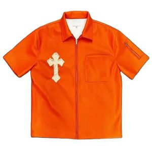 Custom Logo High Quality Streetwear Design Men's Short Sleeve <b>Leather</b> <b>Shirts</b> Hip Hop Zip up Streetwear Drop Shoulder T-<b>shirts</b> - Product Image 6