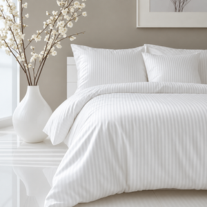 Parure de lit rayée pour hôtel, couleur blanche, 300TC, 4 pièces, drap-housse, taies d'oreiller, housse de couette, style hôtel - Product Image 4