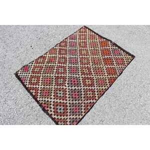 Alfombra turca vintage, alfombra Kilim de 2.7x3.7 pies, alfombra de lana roja marrón con motivos de plantas y árboles - Product Image 2