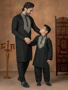 Dhwaja Export - Ensemble Kurta Pajama Traditionnel en Soie Pure Noire Premium, Sans Plis, avec Ensemble Assorti Père et Fils - Product Image 4
