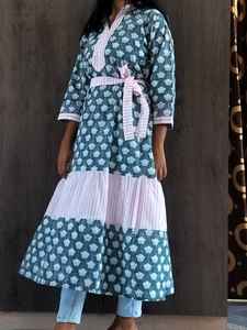 Tunique longue décontractée à volants, style bohème, en coton écologique, col en V, pour femme, fabriquée en Inde, exportateur - Product Image 3