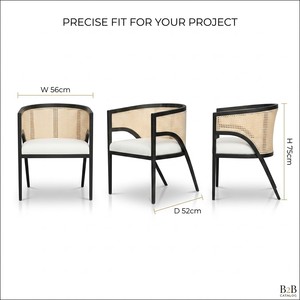 Fauteuil de salle à manger moderne en rotin canné, dossier tonneau, structure noire, assise rembourrée, pour salle à manger, hôtel, restaurant, café - Product Image 4