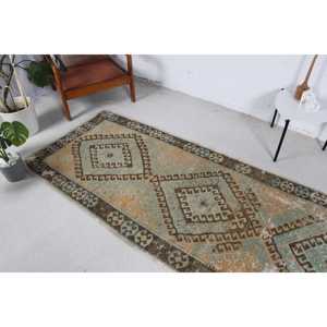 Vintage 3.3x8.6 ft <b>Runner</b> <b>Rug</b>, Turkish <b>Rug</b>, Brown Check <b>Rug</b> - Product Image 3